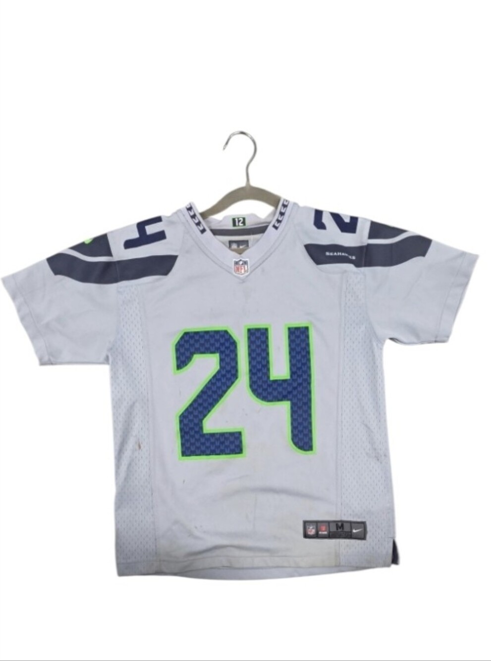 NFL Size M Kids Seahawks #24 Football Jersey with Navy & Neon Green Accents